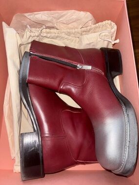 Acne Studios Burgundy Leather Ankle Boots with Silver Toe Accent